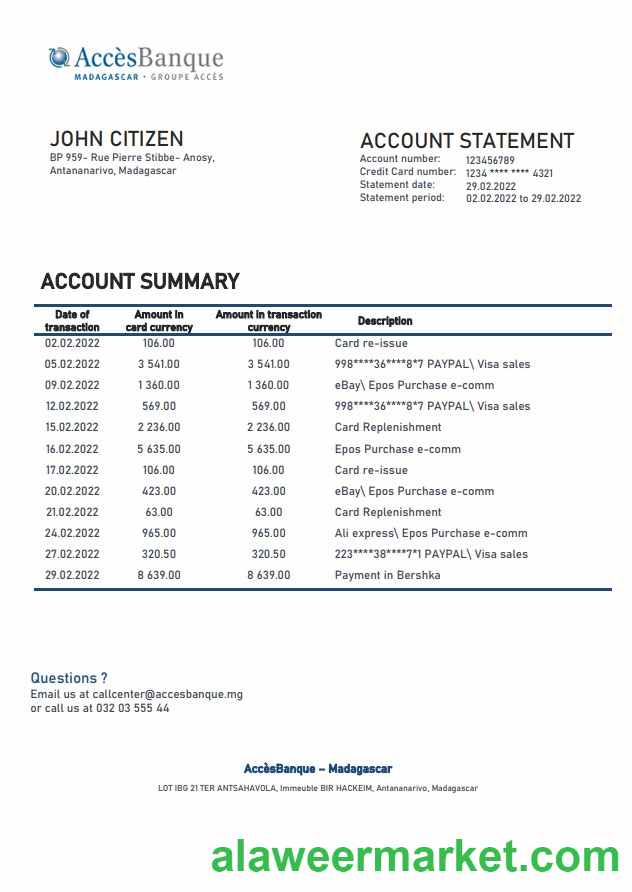 Madagascar Acces Banque bank statement